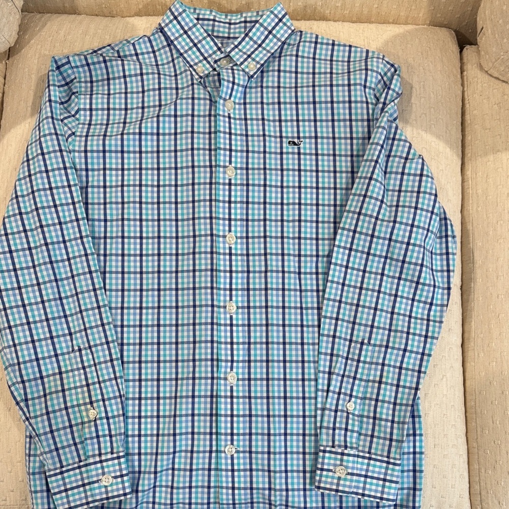 Vineyard Vines Boys Blue/Blue Plaid Button-Down Whale Shirt